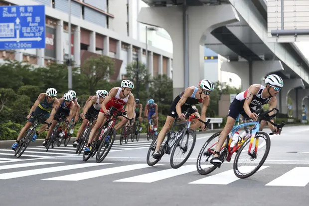 Alex Yee leads the way during the cycling phase of the race. Photograph: Cameron Spencer/AP