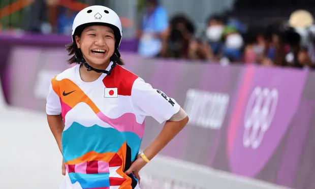 Momiji Nishiya of Japan reacts during Monday’s competition at Ariake Urban Sports Park. Photograph: Lucy Nicholson/Reuters