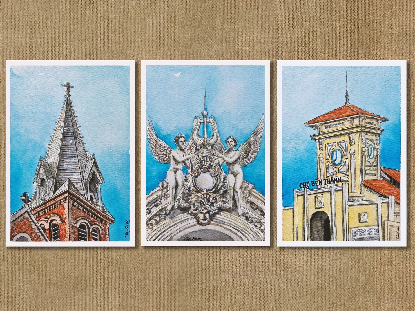 Drawings of famous architecture in Saigon. Photo: Tang Quang 