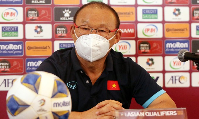 Vietnam coach Park Hang-seo speaks at a press conference ahead of the Vietnam and Australia's World Cup qualifiers match, September 6, 2021. Photo by Vietnam Football Federation