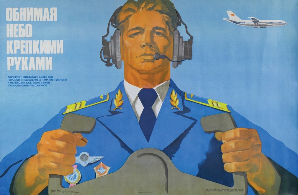 Designed by A Dobrov in 1983, this poster of a Russian pilot says Aeroflot is ‘embracing the sky with strong arms’. All images © Bruno Vandermueren/Fuel Publishing