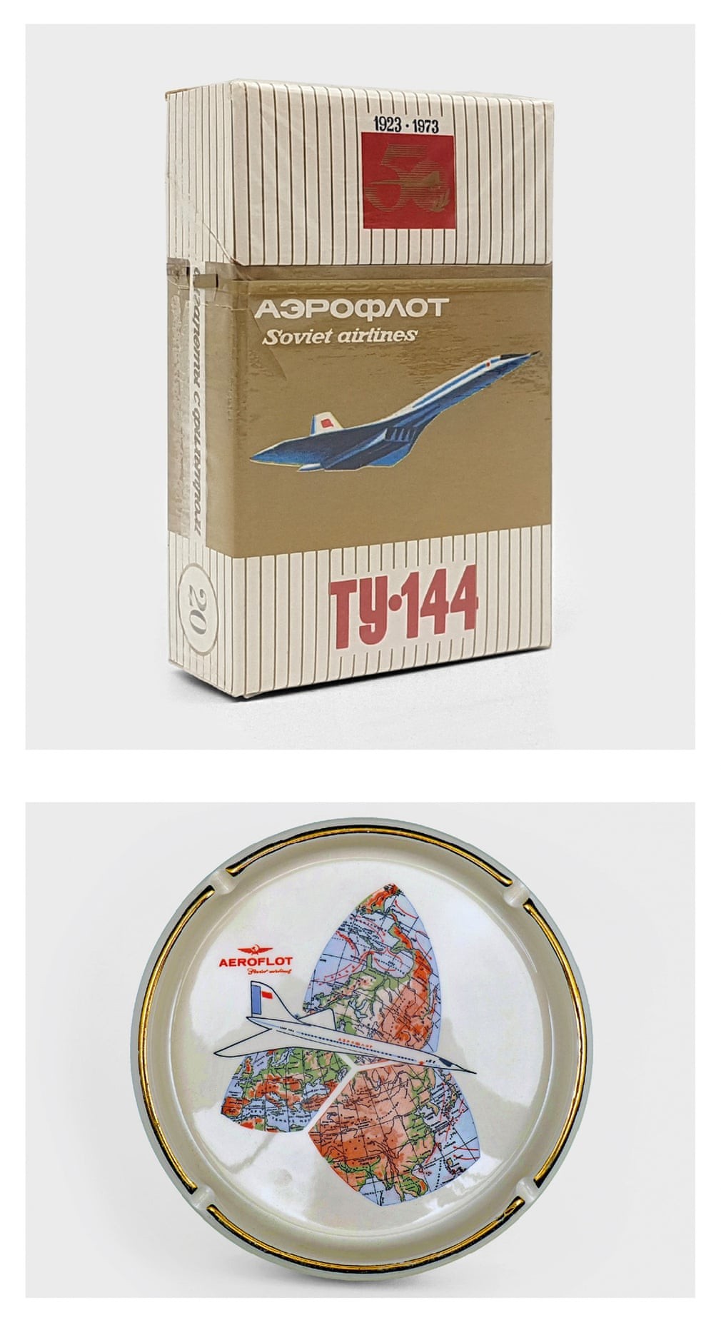 The airline produced a variety of souvenir items, including a cigarette pack produced in 1973 to commemorate Aeroflot’s 50th anniversary and an ashtray from the 70s. Photo: The Guardian 