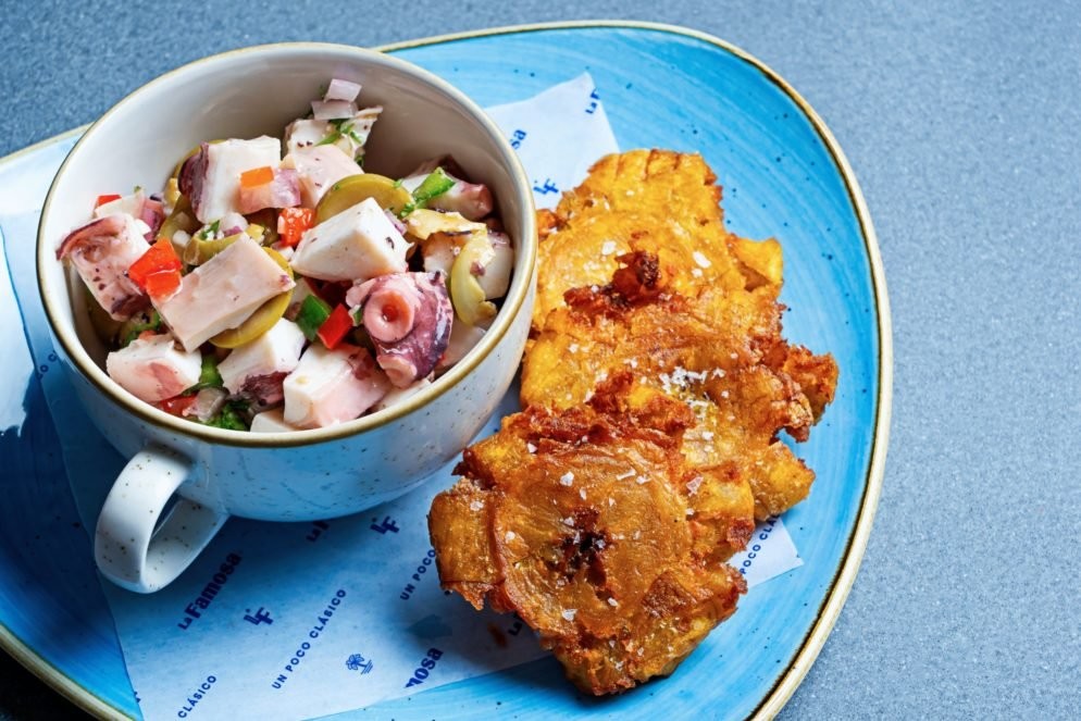La Famosa’s octopus, shrimp, and scallop salad with tostones. Photograph by Scott Suchman 