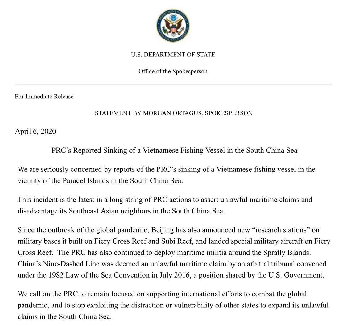 us seriously concerned over east sea situation after vietnamese ship sunk by china