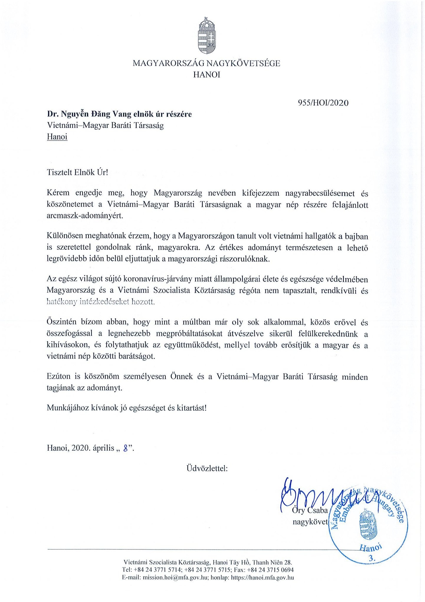 covid 19 fight ambassador sends thank you letter to vietnam hungary friendship association