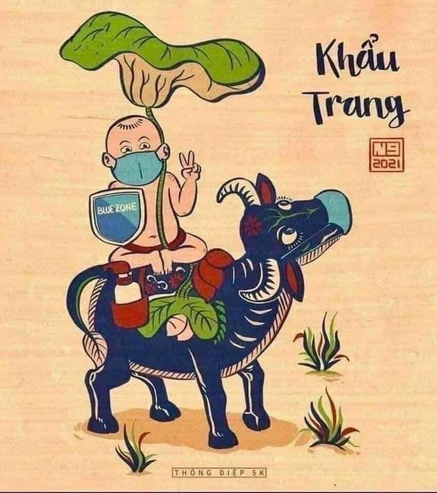 One of the most popular paintings of Dong Ho line, a boy on a buffalo wearing a face mask, holding a hand sanitizer and a “Bluezone shield” - an app developed by Vietnam's Ministry of Information and Communications and the MoH for tracing contact. The buffalo also wears a mask.