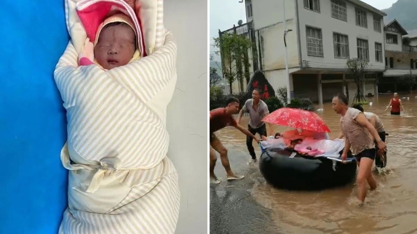 China: Terrible flood came, miracle baby boy is born on top of floating tyre