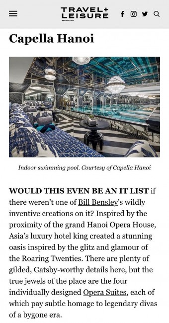 Capella Hanoi Among 100 Best Hotels on the Planet: Travel+ Leisure