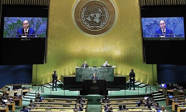 President Nguyen Xuan Phuc delivers a speech at a high-level debate in the 76th session of the UN General Assembly in New York on September 22, 2021 (Photo: VNA)