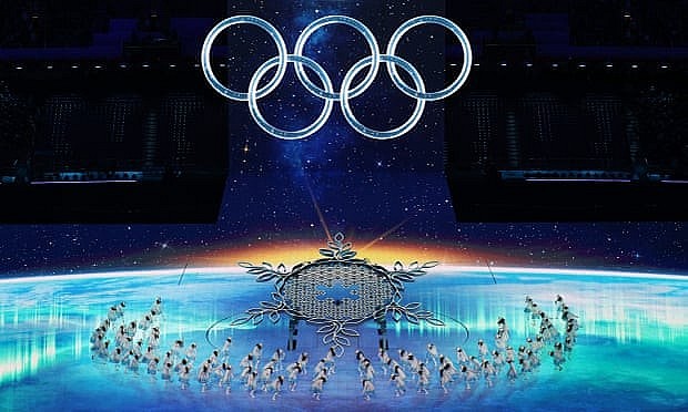 The Olympics rings are on show during the opening ceremony. Photograph: Maddie Meyer/Getty Images