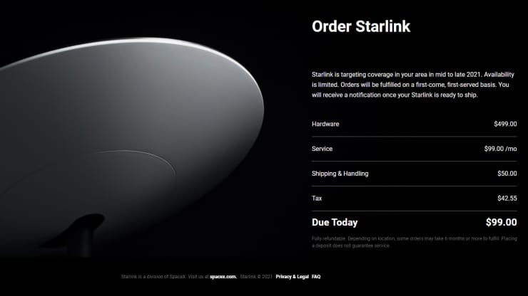A screenshot of the preorder page of Starlink.com on Feb. 9, 2021. SpaceX
