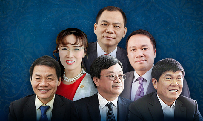 (From L), front row: Thaco Group Chairman Tran Ba Duong, Masan Group Chairman Nguyen Dang Quang, Hoa Phat Group Chairman Tran Dinh Long; second row: Vietjet CEO Nguyen Thi Phuong Thao, Techcombank chairman Ho Hung Anh; back: Vingroup Chairman Pham Nhat Vuong. Photo designed by VnExpress