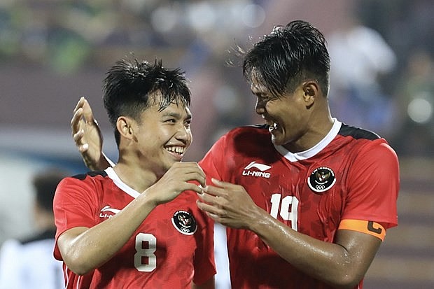 Indonesia players celebrate after scoring the second goal against Timor Leste at SEA Games 31 at Viet Tri Stadium in northern Phu Tho province on May 10. (Photo: VNA)
