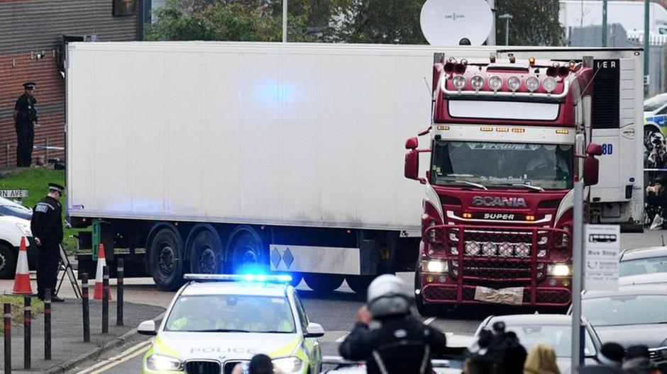 The lorry is taken away after the discovery of 39 bodies in October 2019. Getty