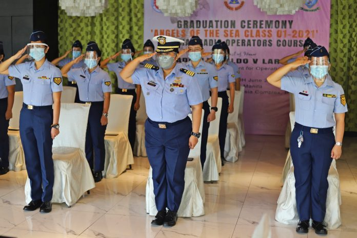 For the first time ever, an all-female class of radio operators aboard various Philippine Coast Guard (PCG) vessels and shorebased units graduated from a Special Radio Operators Course in Pasay City on Friday (June 25). Photo courtesy of Philippine Coast Guard.