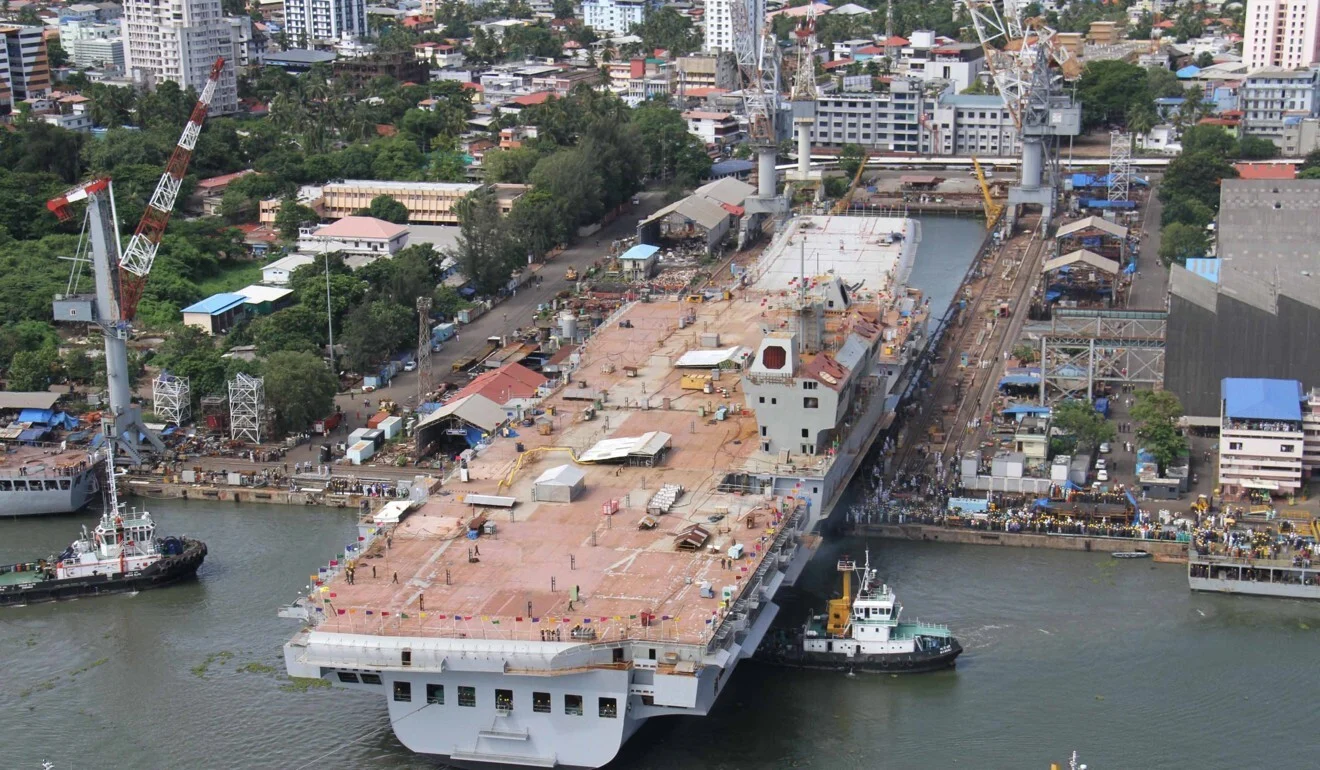 Work on INS Vikrant is carried out at Cochin Shipyard Limited at Kochi, India, during its construction. Photo: EPA