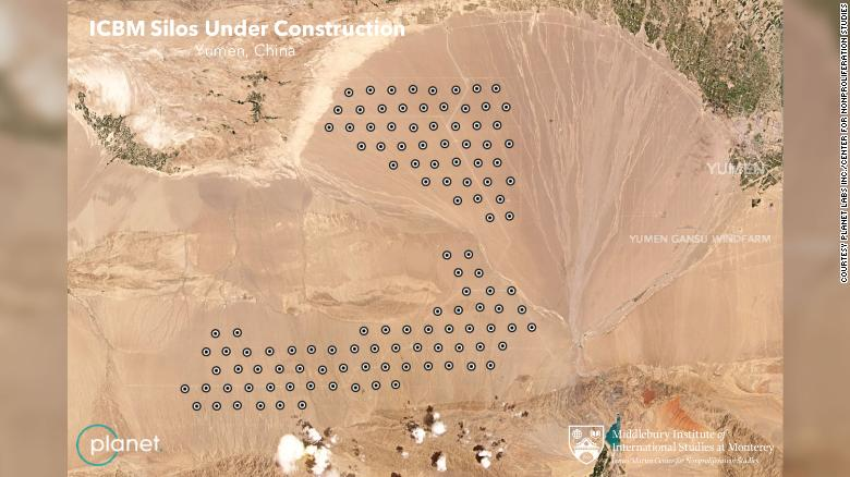 The purported locations of new Chinese ballistic missile silos are represented by dots in this annotated version of an image from commercial satellite company Planet Labs Inc.