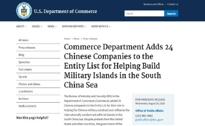 us adds chinese companies to entity list for helping build military islands in south china sea bien dong sea