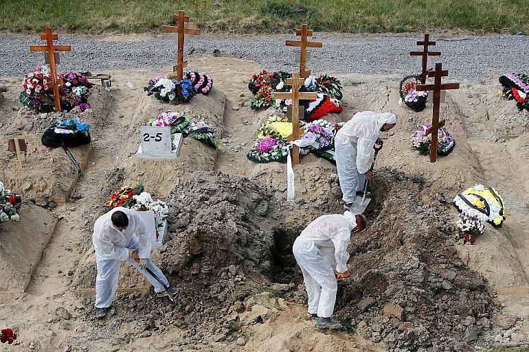 Gravediggers wearing personal protective equipment (PPE) as a preventive measure against the coronavirus disease (COVID-19) bury a body at a graveyard on the outskirts of Saint Petersburg, Russia June 25, 2021 [File: Anton Vaganov/Reuters]