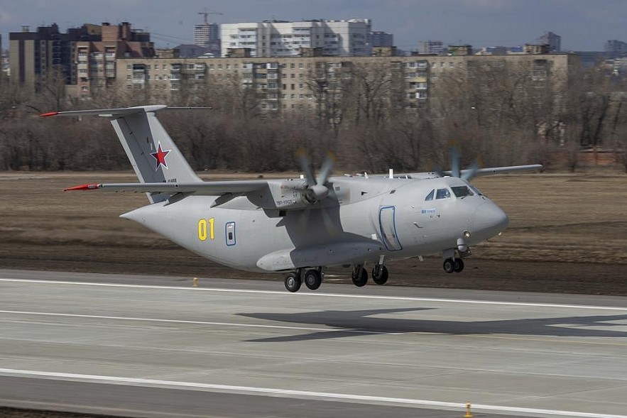 The new light military transport plane, Il-112V takeoff from the Voronezh Aircraft Production Association airfield outside Vorozh, Russia, in this photo dated Tuesday, March 30, 2021. A prototype military transport plane crashed while performing a test flight outside Moscow on Tuesday Aug. 17, 2021, Russian news agencies reported, citing Russia's United Aircraft Corporation. The new light military transport plane, Il-112V, crashed in a forested area as it was coming in for a landing at the Kubinka airfield about 45 kilometers (28 miles) west of Moscow, spokespeople of the corporation told the Tass news agency. (AP Photo/Marina Lystseva)