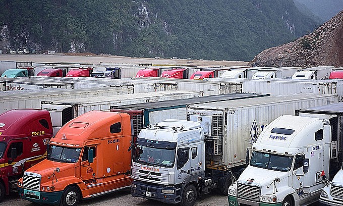Container trucks carrying dragon fruits at a parking zone near the Tan Thanh Border Gate in the northern province of Lang Son on February 4, 2020. Photo by VnExpress/Giang Huy