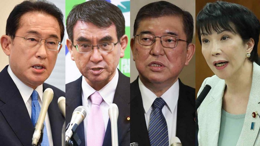Declared and potential contenders to lead Japan's ruling Liberal Democratic Party include, from left, Fumio Kishida, Taro Kono, Shigeru Ishiba and Sanae Takaichi. (Source photos by Wataru Ito, Yumi Kotani and Uichiro Kasai)