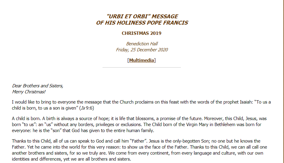 in christmas message pope francis calls for covid 19 vaccines to be shared