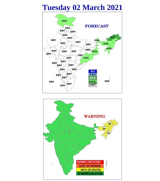 India daily weather forecast latest, March 2: Isolated to fairly widespread snow or rain and thunderstorms over the parts of northeast India