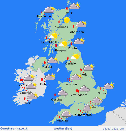 UK and Europe daily weather forecast latest, March 3: Fairly cloudy with a scattering of showers in Southern Britain