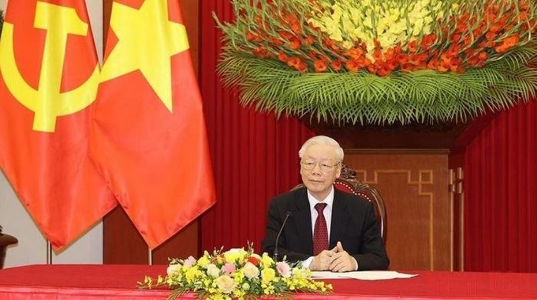 Party General Secretary Nguyen Phu Trong during his phone talks with German Chancellor and leader of the German Social Democratic Party Olaf Scholz. (Photo: VNA)