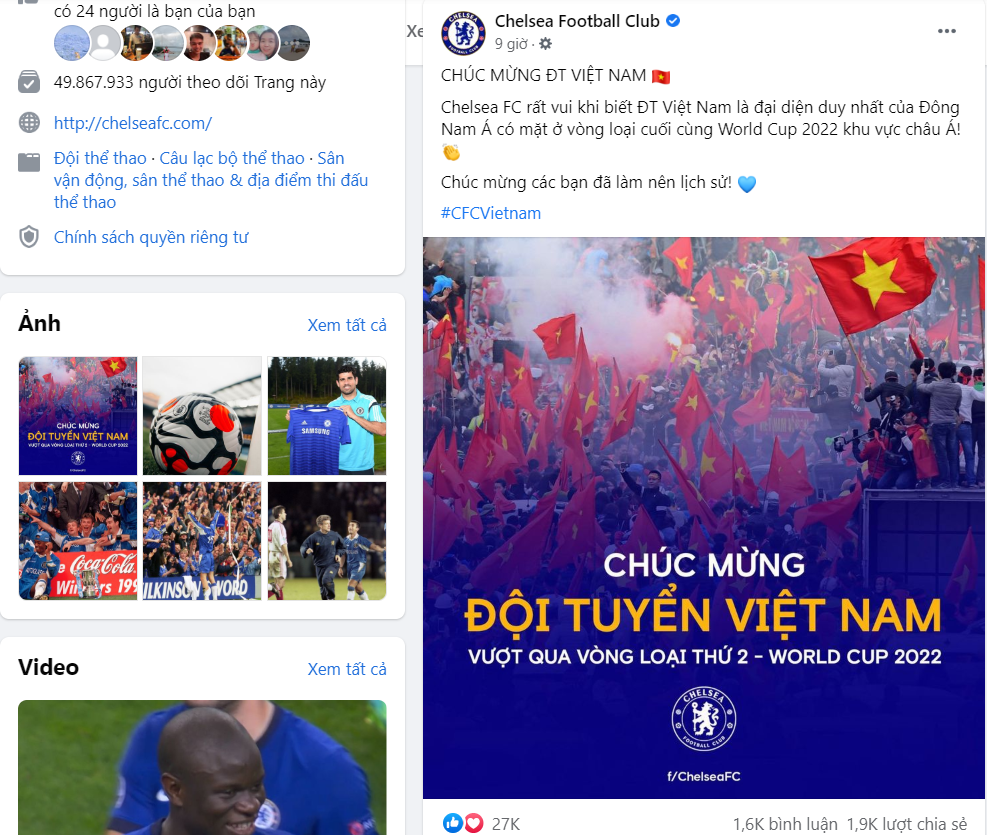 Chelsea FC congratulates Vietnam on entering the final qualifying round in Vietnamese