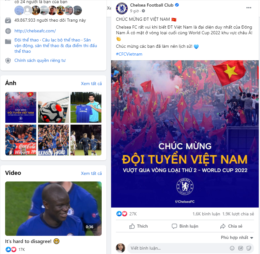 Chelsea FC congratulates Vietnam on entering the final qualifying round in Vietnamese