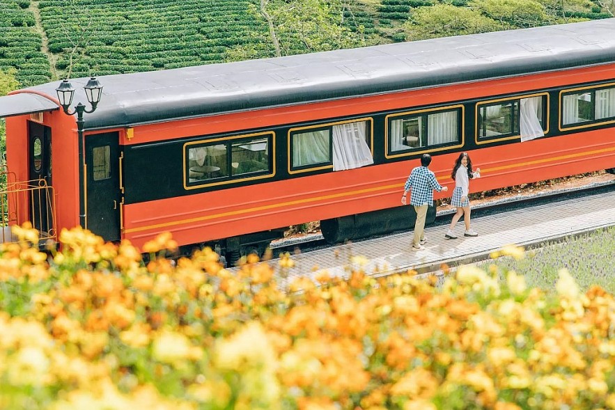 When it comes to Da Lat (Lam Dong), Cau Dat tea hill is one of the most famous tourist destination. Recently, there has been a bright red train lying in the middle of the hill. One side of the train is facing the immense green tea hill, the other side is adjacent to the hill of five-color flowers and brilliant lavender. (Photo: Trinh Nguyen)