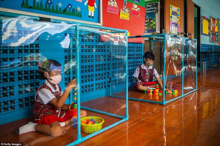 images show nursery children keep the worlds strictest school social distancing in thailand