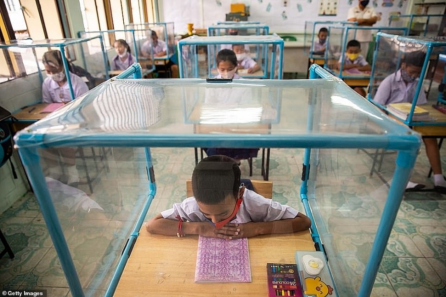 images show nursery children keep the worlds strictest school social distancing in thailand