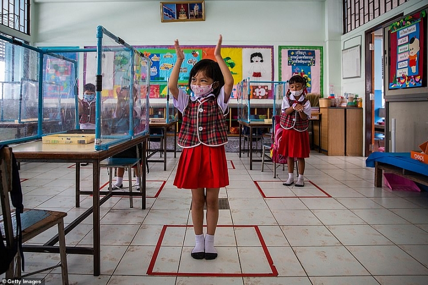 images show nursery children keep the worlds strictest school social distancing in thailand