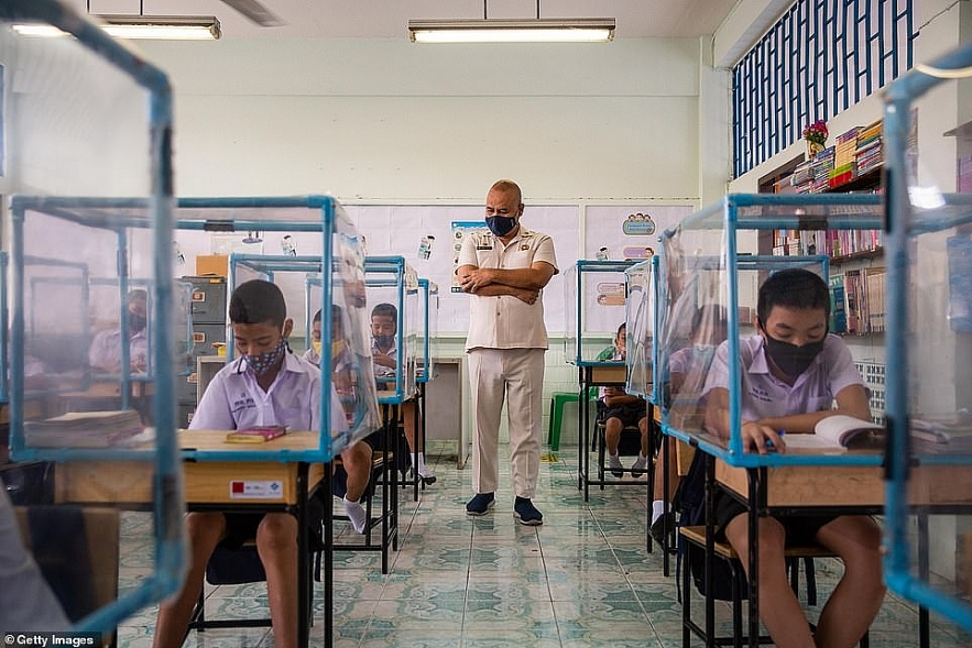 images show nursery children keep the worlds strictest school social distancing in thailand