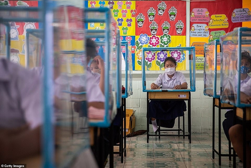 images show nursery children keep the worlds strictest school social distancing in thailand