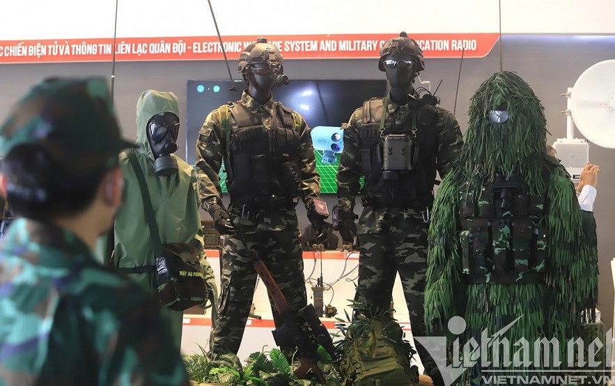 Various types of protective suits, camouflage, combat gear...