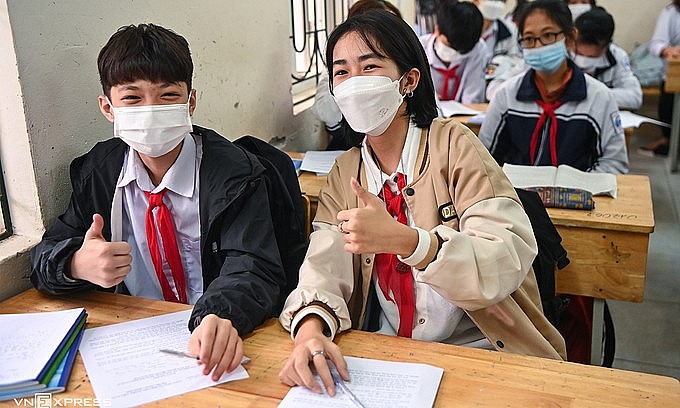 Students at a secondary school in Hanoi's Ba Vi District attend an in-person class in November 2021. Photo: VnExpress