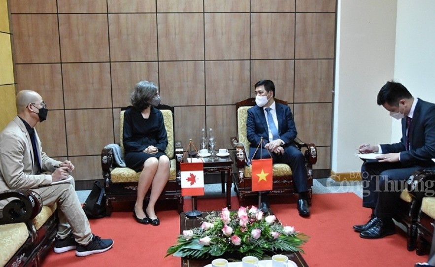 Minister of Industry and Trade Nguyen Hong Dien (R) receives Canadian Ambassador to Vietnam Deborah. Photo: congthuong.vn