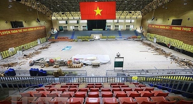 The gymnasium of Hanoi's Thanh Tri district is being upgraded to serve basketball matches of the 31st SEA Games. Photo: VNA