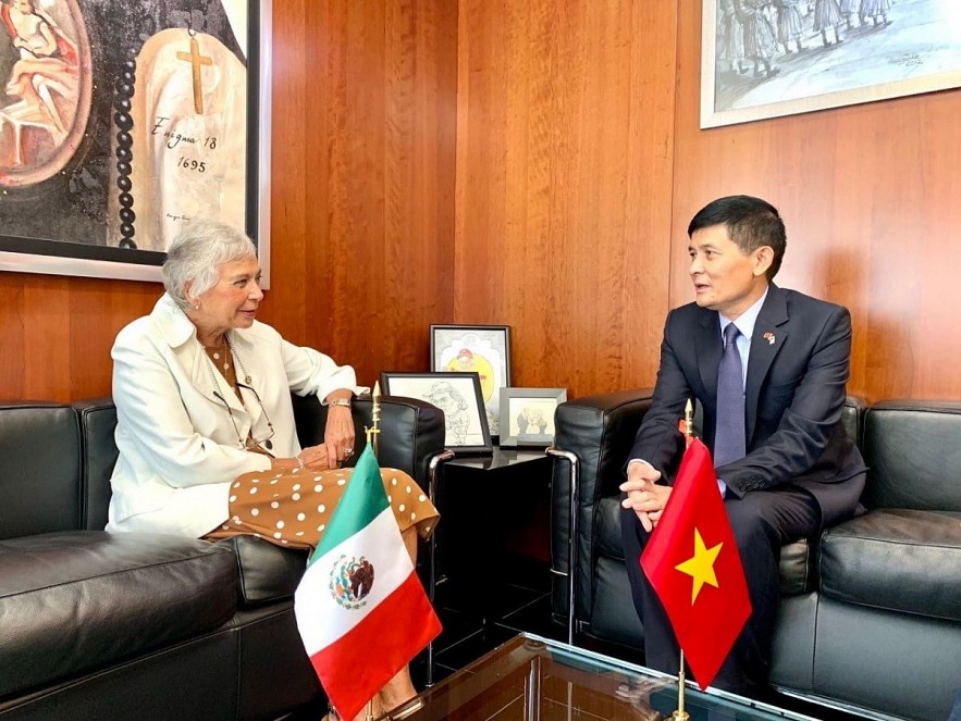 President of the Mexican Senate, Olga Sanchez Cordero (R) receives Ambassador Nguyen Hoanh Nam on May 12. Photo: Ministry of Foreign Affairs