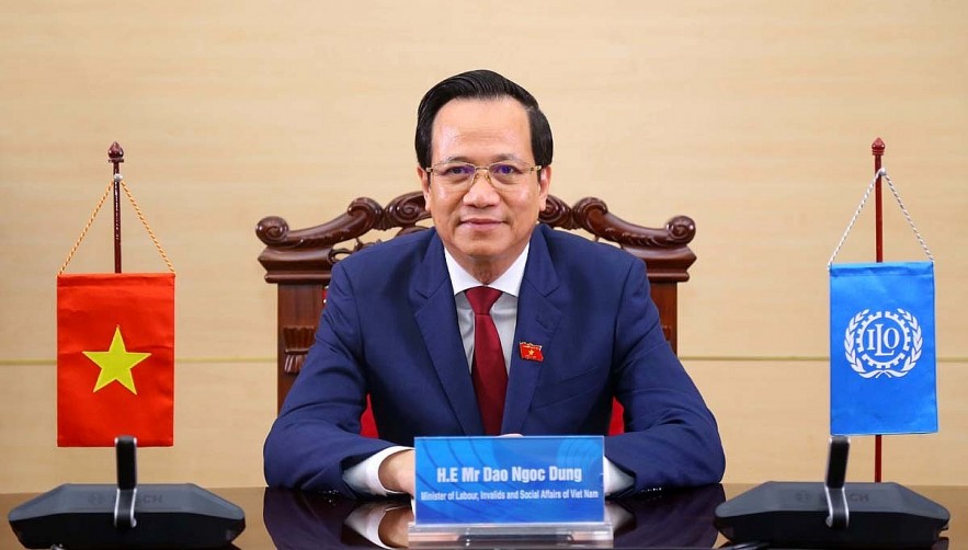 Minister of Labour, Invalids and Social Affairs Dao Ngoc Dung adddresses the 110th session of the International Labour Conference held in an online format. Photo: VOV