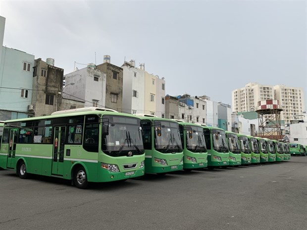 Public buses at the Mien Tay (Western) Bus Station in HCM City. All public transport in the city has been suspended for 15 days from July 9. Photo: VNA