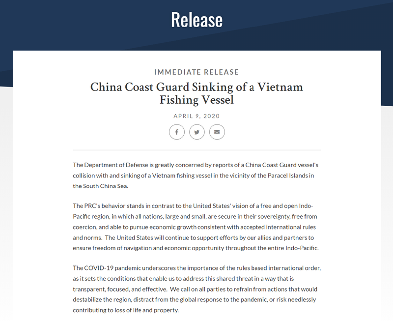 us department of defense criticizes china for sinking vietnam fishing boat
