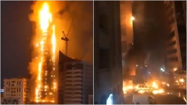 massive fire lights up residential skyscraper in uae