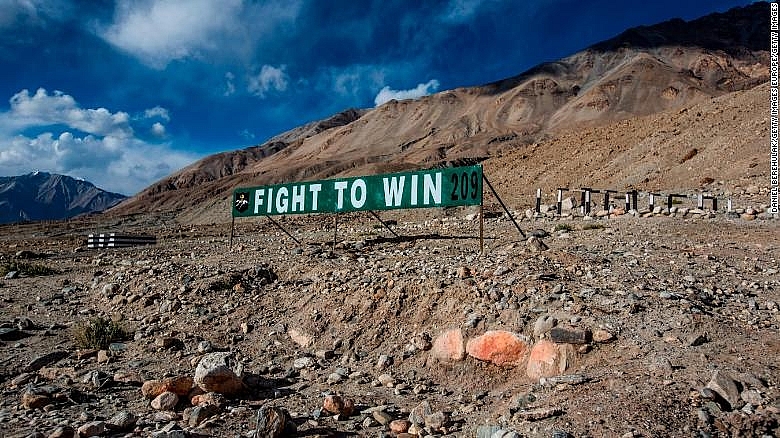 An Indian military banner post is seen next to a road in Ladakh in 2012. The region shares a border with both China and Pakistan.